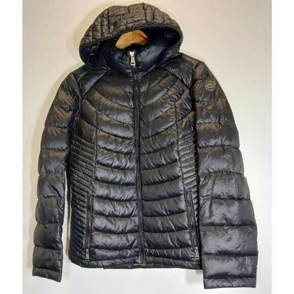 Calvin klien womens large premium duck down puffer jacket packable black hoodie - Picture 1 of 10